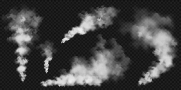 Nuvens de fumo realistas. Fluxo de fumaça de objetos queimados. Efeito nevoeiro transparente. Vapor branco, neblina. Elemento de projeto vetorial. —  Vetores de Stock
