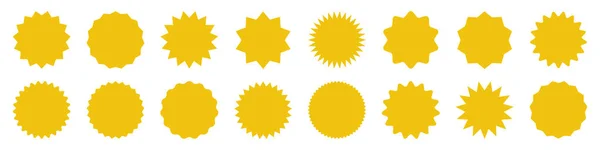 Colección de etiquetas amarillas. Venta o descuento pegatina. Precio de oferta especial. Insignia promocional de supermercado. Vector sunburst icono. — Archivo Imágenes Vectoriales