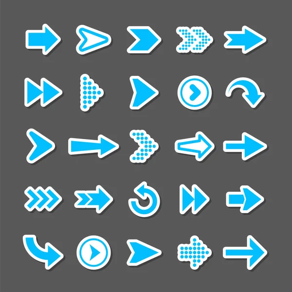 Colorful arrow stickers set. Blue cursor icons, pointers collection. Simple arrows in different shapes. Next, back web signs. Vector illustration. — Stock Vector