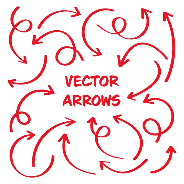 Flechas dibujadas a mano rojas aisladas sobre fondo blanco. Flecha de garabato, zigzag y punteros redondos. Bocetos hechos a mano de símbolos de dirección. Ilustración vectorial. — Archivo Imágenes Vectoriales