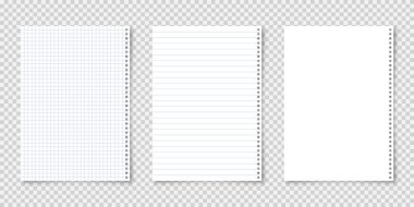 Şeffaf arkaplanda A4 formatında gerçekçi boş kağıtlar. Defter sayfası, belge. Tasarım şablonu veya maketi. Vektör illüstrasyonu.