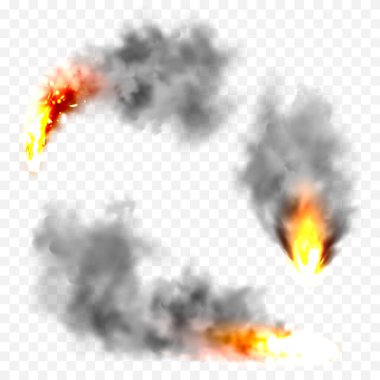 Gerçekçi siyah duman bulutları ve ateş. Alev patlaması, patlama. Yanan cisimlerden çıkan duman. Orman yangınları. Şeffaf sis etkisi. Vektör tasarım ögesi.