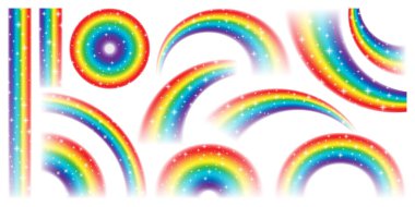 Beyaz arka planda izole edilmiş renkli gerçekçi gökkuşağı koleksiyonu. Parıltılı efektli parlak yıldızlar. Vektör illüstrasyonu.