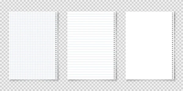 Realistische linierte Papierbögen im DIN-A4-Format auf transparentem Hintergrund. Notizbuch, Dokument. Design-Vorlage oder Attrappe. Vektorillustration. — Stockvektor