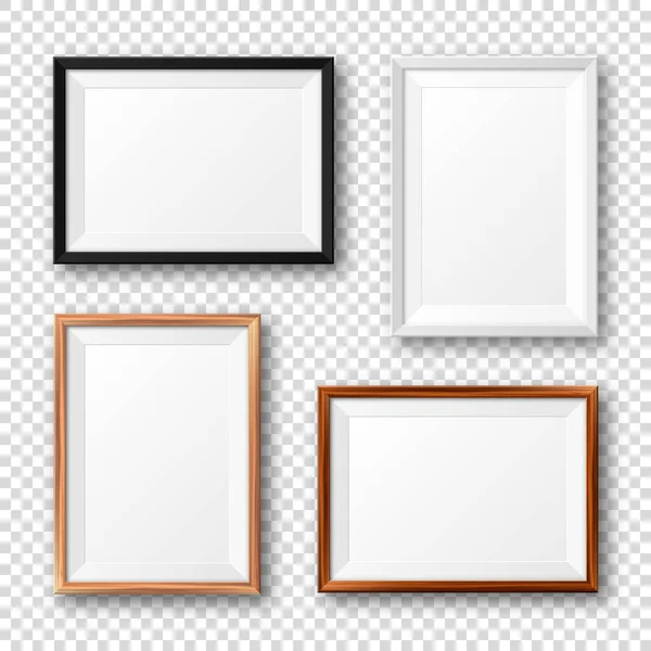 Realistic black, white and wooden picture frames with shadow on checkered background. Blank poster mockup. Empty photo frame. Vector illustration. — Stock Vector