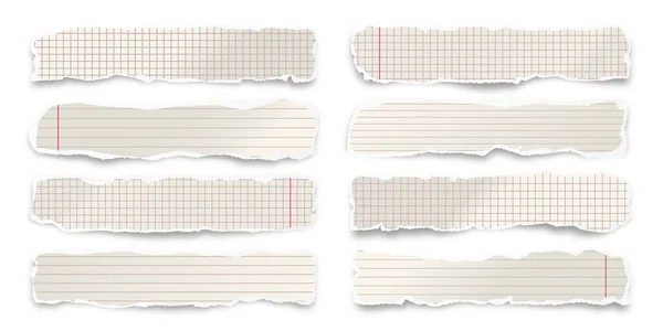 Zerrissene Papierstreifen isoliert auf weißem Hintergrund. Realistische zerknüllte Papierreste mit abgerissenen Kanten. Gefüllte Fetzen von Notizbuchseiten. Vektorillustration. — Stockvektor