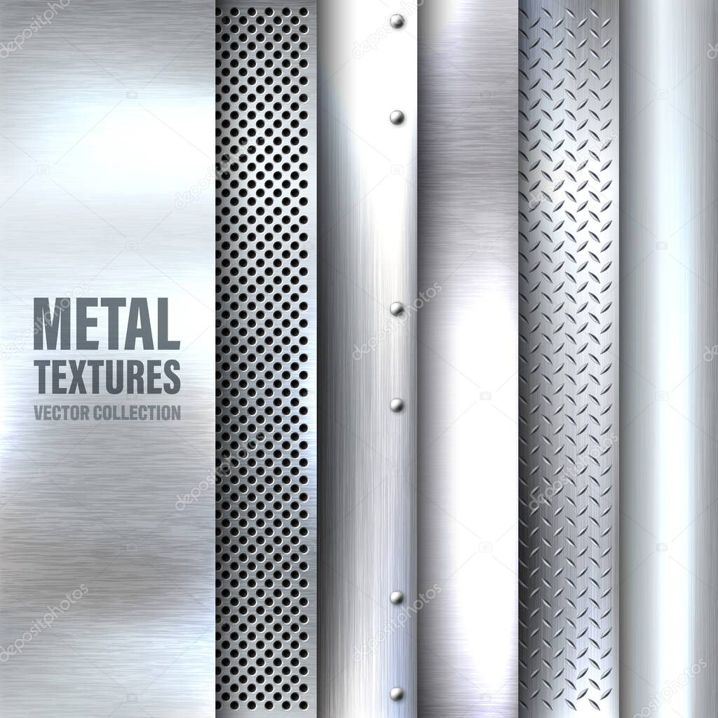 Realistic brushed metal textures set. Polished stainless steel background. Vector illustration.