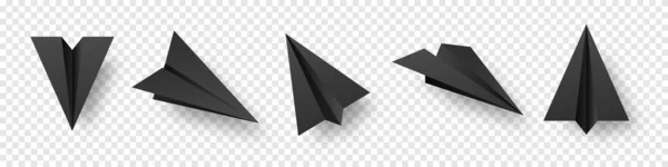 Realistische schwarze handgeschöpfte Papierflieger isoliert auf transparentem Hintergrund. Origami-Flugzeuge im flachen Stil. Vektorillustration. — Stockvektor