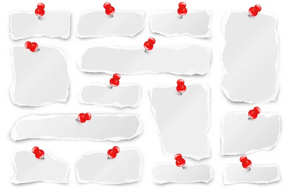 Κομμένες λωρίδες χαρτιού με κόκκινες πινέζες. Ρεαλιστικά τσαλακωμένα απορρίμματα χαρτιού με σκισμένες άκρες. Κομμάτια από σελίδες σημειωματάριου. Εικονογράφηση διανύσματος. — Διανυσματικό Αρχείο