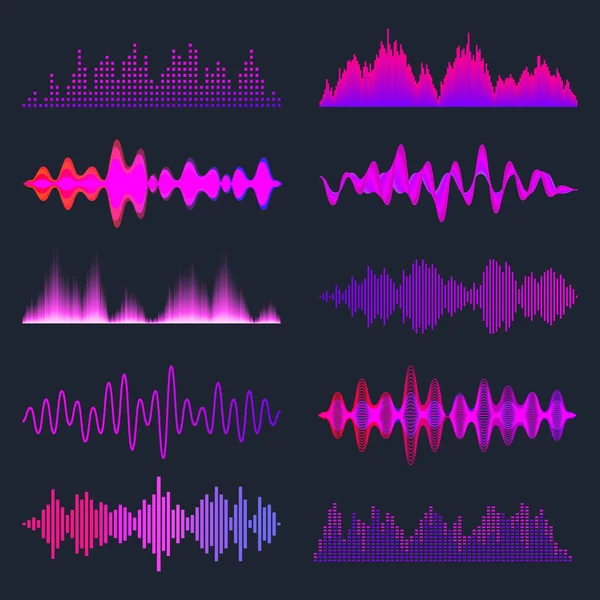 Bunte Schallwellen sammeln sich. Analoges und digitales Audiosignal. Musik-Equalizer. Interferenz-Sprachaufnahme. Hochfrequente Radiowelle. Vektorillustration. — Stockvektor