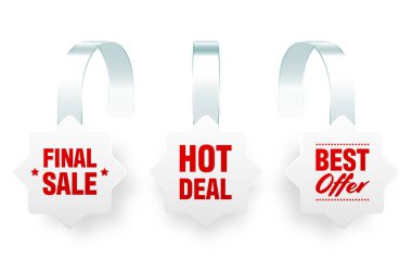 Süpermarket tanıtım sallantıları beyaz arka planda izole edilmiş. Rafların reklamını yapmak için gerçekçi bir şablon. Reklam metniyle indirimli veya indirimli etiket. Özel fiyat etiketi. Vektör illüstrasyonu.