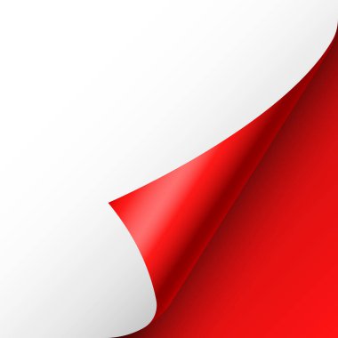 Kırmızı kağıt kıvrılır. Gölgeli kıvrımlı sayfa köşesi. Boş bir kağıt parçası. Renkli parlak folyo. Reklam ve tanıtım için tasarım elemanı. Vektör illüstrasyonu.