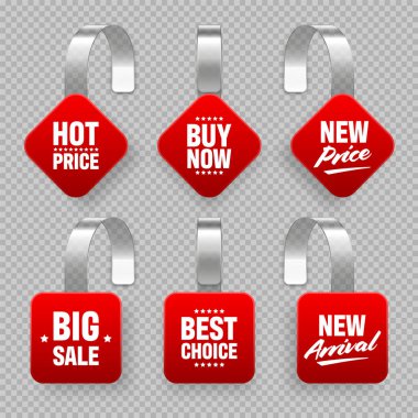 Reklam metniyle süpermarket tanıtımcıları. Rafların reklamları için gerçekçi bir vektör titreşim şablonu. İndirim ya da indirim etiketi. Özel teklif fiyat etiketi.