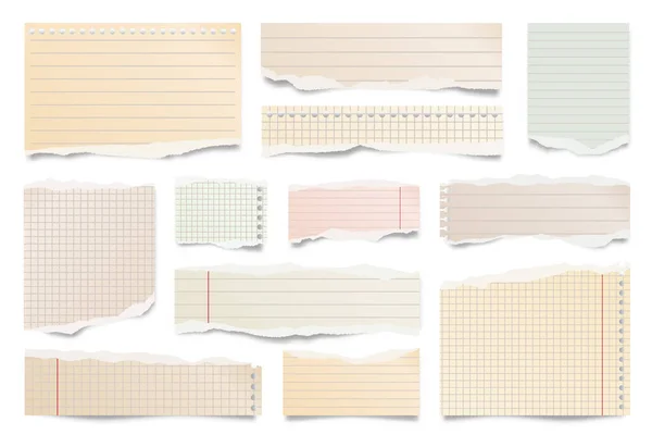 Beyaz arka planda izole edilmiş renkli yırtık kağıt şeritler. Yırtık kenarlı gerçekçi kağıt kırıntıları. Yapışkan notlar, defter sayfalarının parçaları. Vektör illüstrasyonu. — Stok Vektör