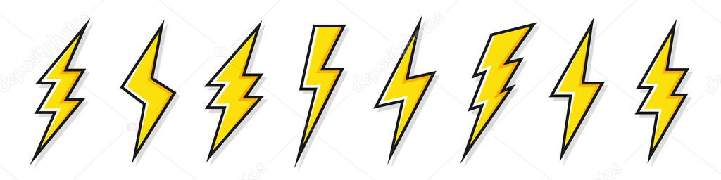 Yellow lightning bolt icons collection. Flash symbol, thunderbolt. Simple lightning strike sign. Vector illustration.