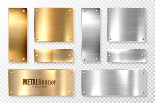 Bandeiras de metal brilhantes realistas definidas. Aço escovado e placa de cobre. Superfície de metal prata polida. Ilustração vetorial. —  Vetores de Stock