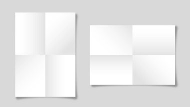 Gri arka planda izole gölgesi olan A4 boyutunda katlanmış kağıt kağıtlar. Beyaz defter sayfası. Tasarım şablonu, model. Vektör illüstrasyonu.