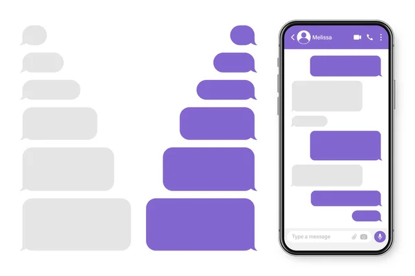 Realistische smartphone met messaging app. Blanco SMS tekst frame. Messenger chat scherm met violette berichtbellen. Social media applicatie. Vectorillustratie. — Stockvector