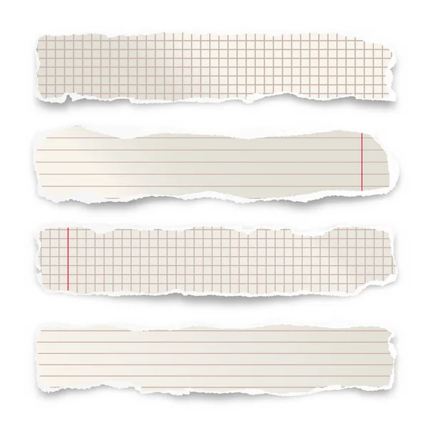 Strisce di carta strappate isolate su sfondo bianco. Realistici scarti di carta spiegazzati con bordi strappati. Brandelli foderati di pagine di notebook. Illustrazione vettoriale. — Vettoriale Stock