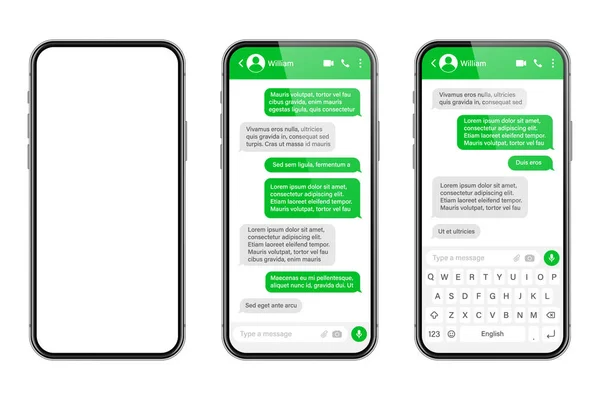 Realistische smartphone met messaging app. SMS tekst frame. Messenger chat scherm met groene bericht bellen en plaatshouder tekst. Social media applicatie. Vectorillustratie. — Stockvector