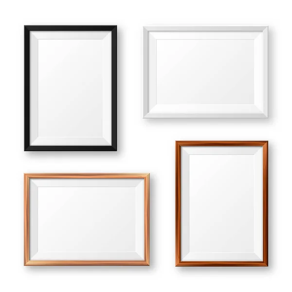 Realistické izolované černé, bílé a dřevěné rámy se stínem. Prázdný plakát. Prázdný rám. Vektorová ilustrace. — Stockový vektor