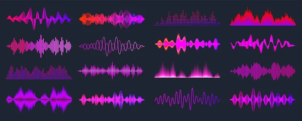 Цветные звуковые волны коллекции. Аналоговый и цифровой аудиосигнал. Музыкальный уравнитель. Запись помех. Высокочастотная радиоволна. Векторная иллюстрация. — стоковый вектор