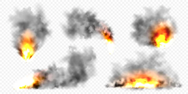 現実的な黒い煙の雲と火。炎の爆発爆発。燃焼オブジェクトから煙のストリーム。森林火災。透明霧効果。ベクトル設計要素. — ストックベクタ