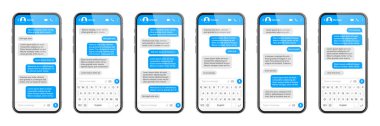 Mesajlaşma uygulaması olan gerçekçi bir akıllı telefon. SMS metin çerçevesi. Mavi mesaj baloncukları ve yer tutucu metin ile haberci sohbet ekranı. Sosyal medya uygulaması. Vektör illüstrasyonu.
