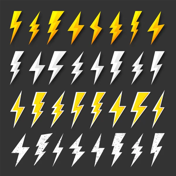 White and yellow lightning bolt icons collection. Vintage flash symbol, thunderbolt with grunge texture. Simple lightning strike sign. Vector illustration. — Stock Vector