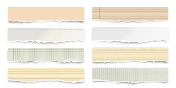 Κομμένες πολύχρωμες λωρίδες χαρτιού που απομονώνονται σε λευκό φόντο. Ρεαλιστικά τσαλακωμένα απορρίμματα χαρτιού με σκισμένες άκρες. Κομμάτια από σελίδες σημειωματάριου. Εικονογράφηση διανύσματος. — Διανυσματικό Αρχείο