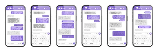 Smartphone realistico con app di messaggistica. Cornice SMS. Schermata di chat Messenger con bolle di messaggio viola e testo segnaposto. Applicazione sui social media. Illustrazione vettoriale. — Vettoriale Stock