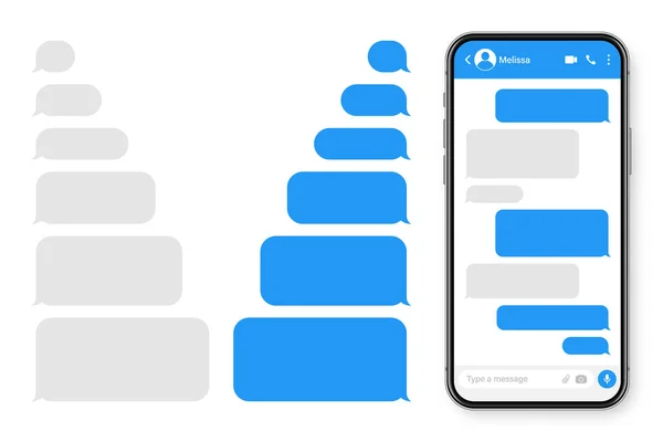 Realistický smartphone s aplikací pro zasílání zpráv. Prázdný textový rámec SMS. Messenger chat obrazovka s modrými bublinami zpráv. Aplikace sociálních médií. Vektorová ilustrace. — Stockový vektor