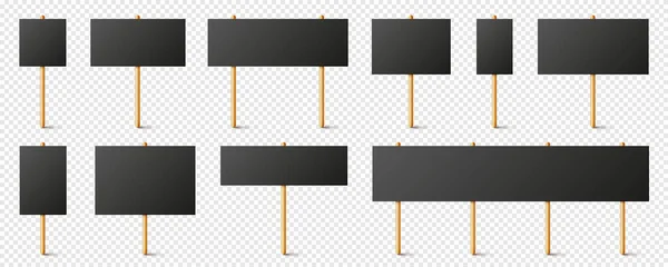 Panneaux de protestation noirs vierges avec support en bois. Bannière de démonstration vectorielle réaliste. Modèle de plaque de carton à action de grève. — Image vectorielle