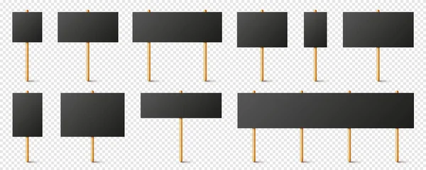 Placas de protesto preto em branco com suporte de madeira. Banner de demonstração vetorial realista. Strike action card placard mockup. —  Vetores de Stock