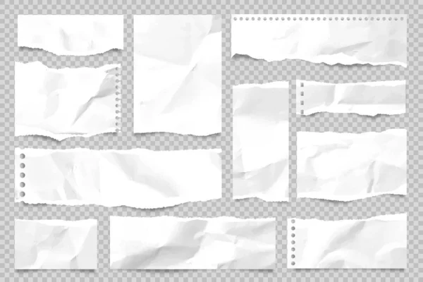 Κομμένες λωρίδες χαρτιού που απομονώνονται σε διαφανές φόντο. Ρεαλιστικά τσαλακωμένα απορρίμματα χαρτιού με σκισμένες άκρες. Κολλημένες σημειώσεις, κομμάτια από σελίδες σημειωματάριου. Εικονογράφηση διανύσματος. — Διανυσματικό Αρχείο