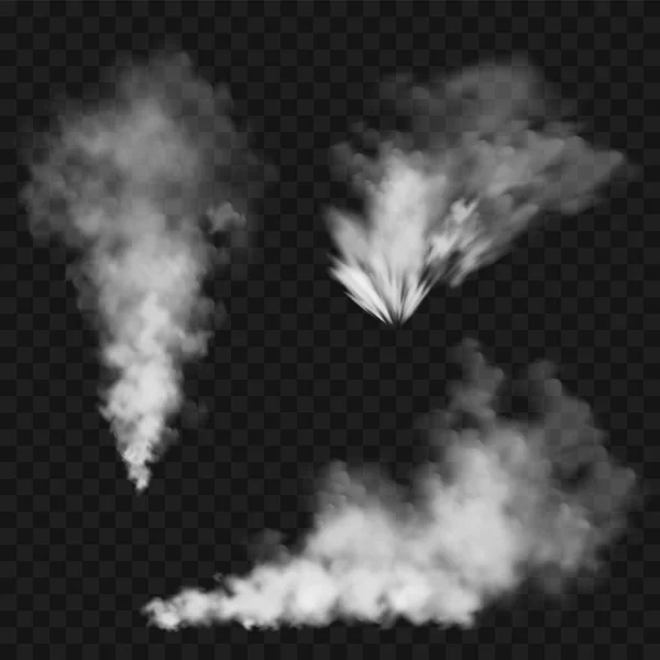 Realistische rookwolken. Stroom rook van brandende voorwerpen. Transparante mist effect. Witte stoom, mist. Vectorontwerpelement. — Stockvector