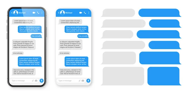 Realistische smartphone met messaging app. Blanco SMS tekst frame. Messenger chat scherm met blauwe bericht bellen. Social media applicatie. Vectorillustratie. — Stockvector