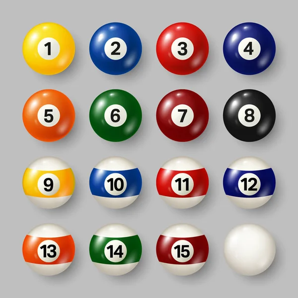 Buntes Billard, Billardkugeln mit Zahlen auf grauem Hintergrund. Realistischer Hochglanz-Snookerball. Vektorillustration. — Stockvektor