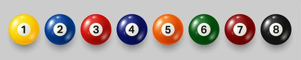 Buntes Billard, Billardkugeln mit Zahlen auf grauem Hintergrund. Realistischer Hochglanz-Snookerball. Vektorillustration. — Stockvektor