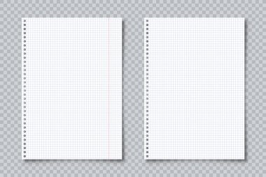 Şeffaf arkaplanda A4 formatında gerçekçi boş kağıtlar. Defter sayfası, belge. Tasarım şablonu veya maketi. Vektör illüstrasyonu.
