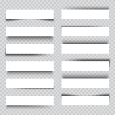 Gölgeli beyaz kağıt kırıntıları. İşaretli arkaplanda sayfa ayırıcıları. Gerçekçi şeffaf gölge etkisi. Tasarım elementi. Vektör illüstrasyonu.