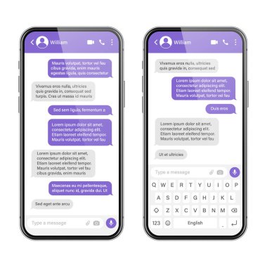 Mesajlaşma uygulaması olan gerçekçi bir akıllı telefon. SMS metin çerçevesi. Menekşe mesaj baloncukları ve yer tutucu metin ile haberci sohbet ekranı. Sosyal medya uygulaması. Vektör illüstrasyonu.