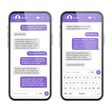Mesajlaşma uygulaması olan gerçekçi bir akıllı telefon. SMS metin çerçevesi. Menekşe mesaj baloncukları ve yer tutucu metin ile haberci sohbet ekranı. Sosyal medya uygulaması. Vektör illüstrasyonu.
