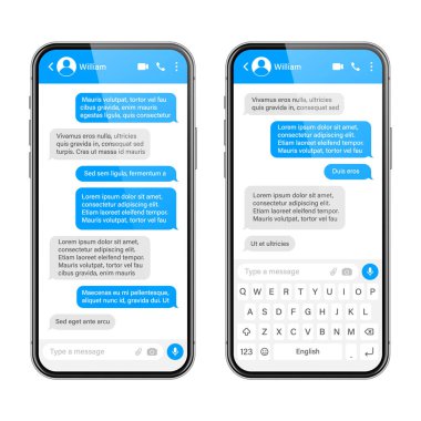 Mesajlaşma uygulaması olan gerçekçi bir akıllı telefon. Boş SMS metin çerçevesi. Mavi mesaj baloncuklarıyla mesajlaşma ekranı. Sosyal medya uygulaması. Vektör illüstrasyonu.
