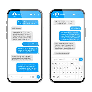 Mesajlaşma uygulaması olan gerçekçi bir akıllı telefon. Boş SMS metin çerçevesi. Mavi mesaj baloncuklarıyla mesajlaşma ekranı. Sosyal medya uygulaması. Vektör illüstrasyonu.