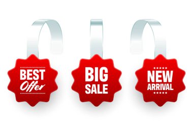 Süpermarket tanıtım sallantıları beyaz arka planda izole edilmiş. Rafların reklamını yapmak için gerçekçi bir şablon. Reklam metniyle indirimli veya indirimli etiket. Özel fiyat etiketi. Vektör illüstrasyonu.