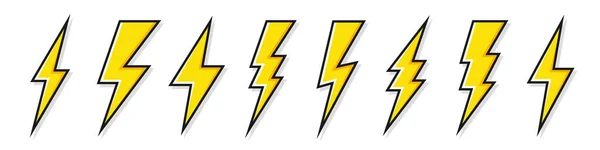 Yellow lightning bolt icons collection. Flash symbol, thunderbolt. Simple lightning strike sign. Vector illustration. — Stock Vector