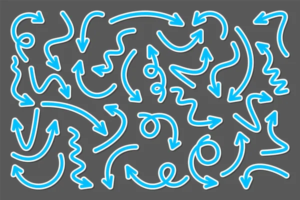 Kleurrijke hand getekende pijl stickers set. Blauwe wijzers collectie. Eenvoudige pijlen in verschillende vormen. Richting borden. Vectorillustratie. — Stockvector