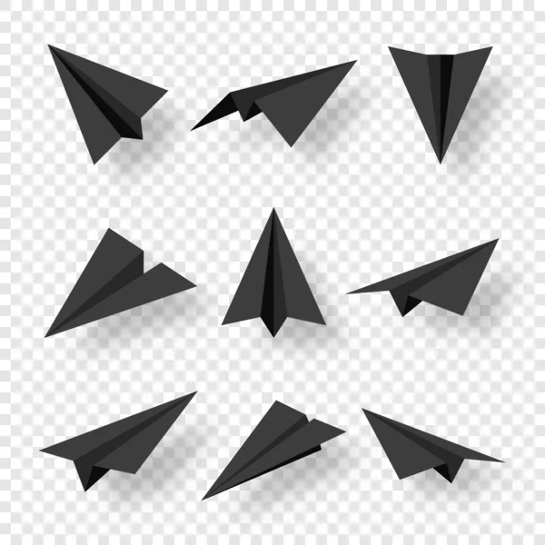 Realistas planos de papel negro hechos a mano aislados sobre fondo transparente. Origami aviones en estilo plano. Ilustración vectorial. — Vector de stock