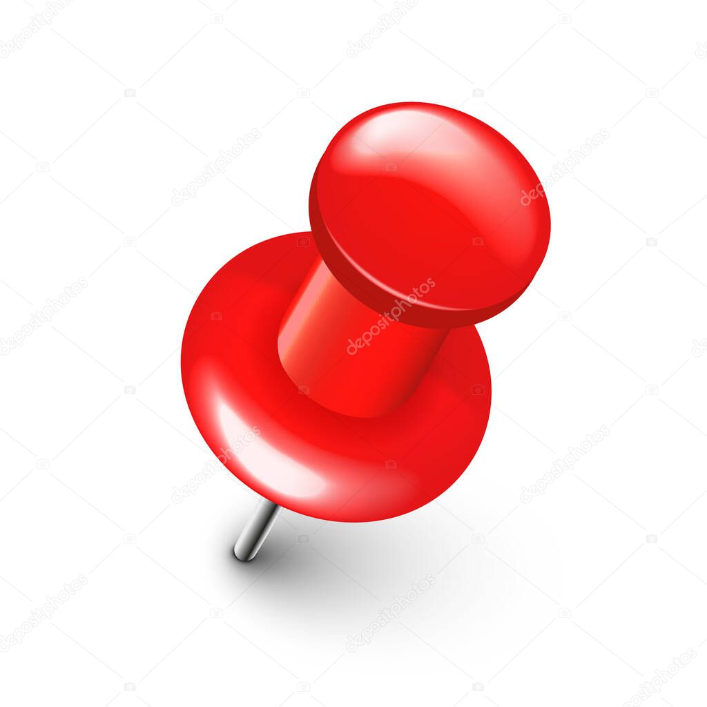 Realistic red push pin. Board tack isolated on white background. Plastic pushpin with needle. Vector illustration.